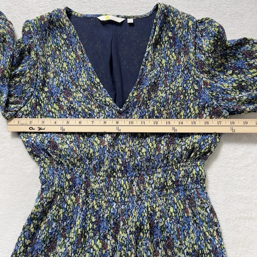 Boden Plisse Mini Dress Sz US 6L‎ XS Blue Floral V Neck Long Sleeve Dress